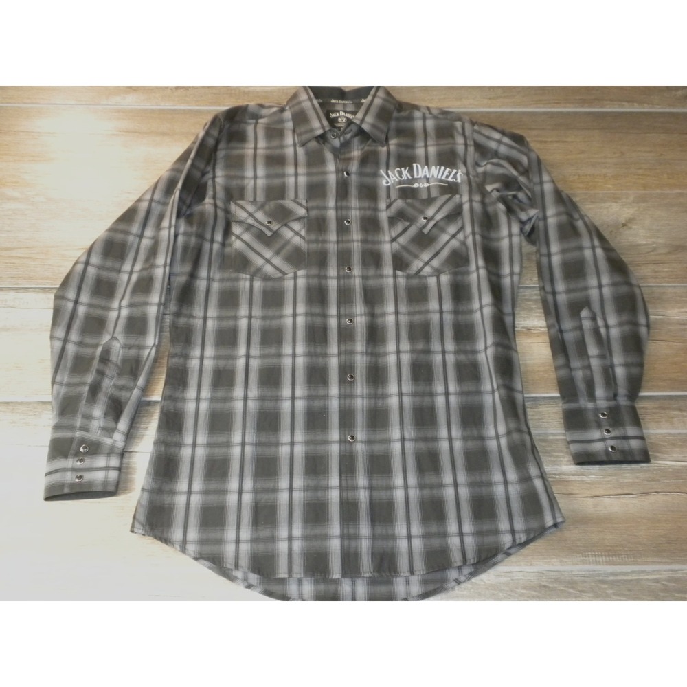 Jack Daniel's Shirt Mens M Black Plaid Pearl Snap Old No 7 Whiskey Western Rodeo